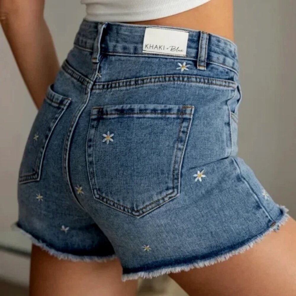 Y2K Daisy Embroidered High Rise Jean Shorts Frayed Hem Festival Boho 5/27